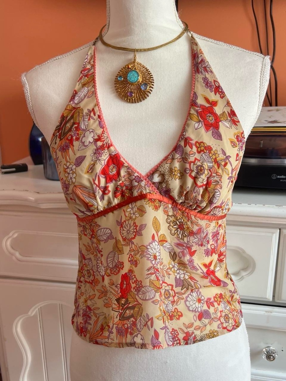 Floral Halter Camisole Top - Pink Beige